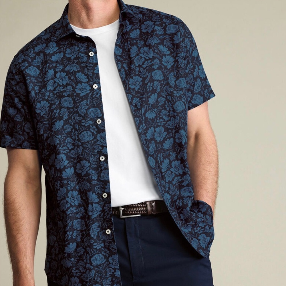 NWT CHARLES TYRWHITT Floral Print Short Sleeve Cotton Linen Shirt Men's XXL